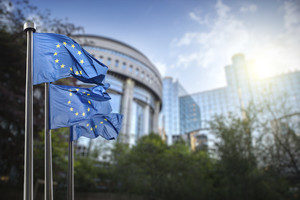 European union flag against parliament in Brussels
